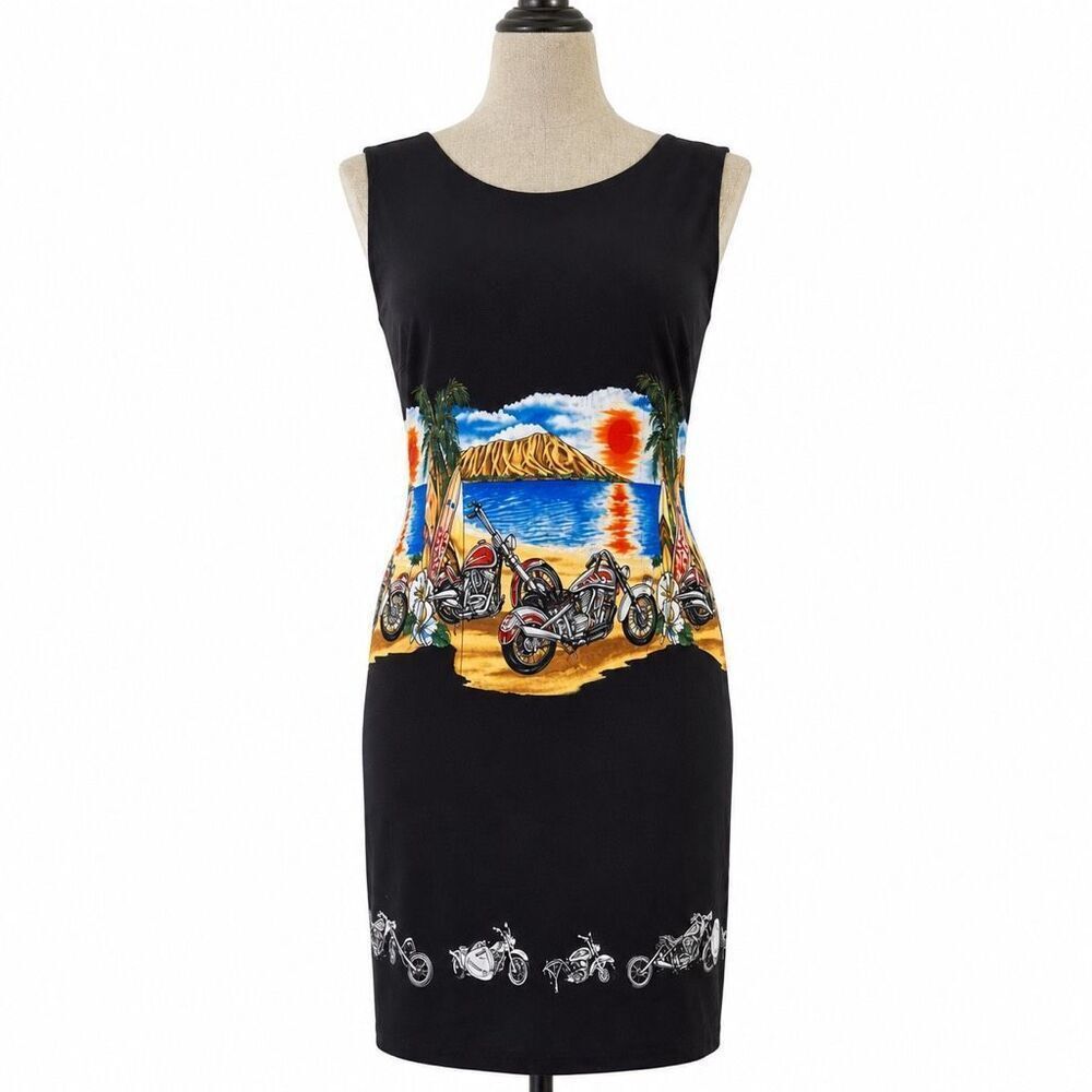 Ky’s Motorcycle Print Dress XL Biker Hawaiian Shift Beach Pinup Midi